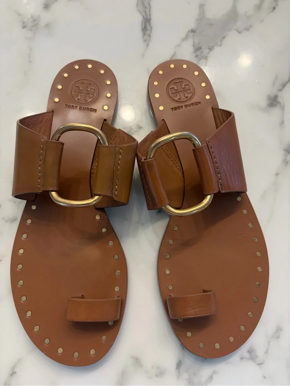 Tory Burch Cognac Leather Slide Sandals with Gold Ring Detail